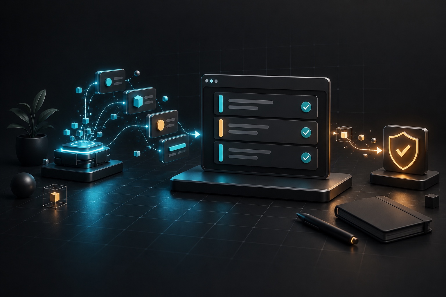 An AI processor assembles task cards into an app beside a glowing validation shield on a dark workbench.