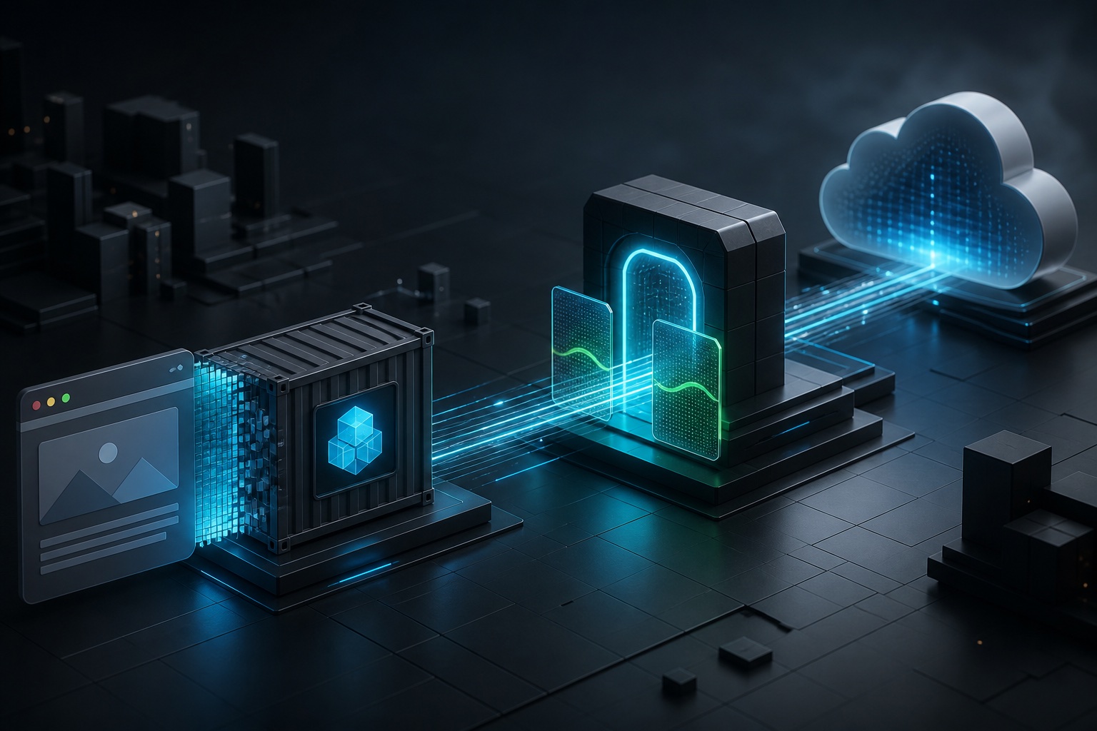 A front-end application travels through a container and secure routing gateway toward the cloud.