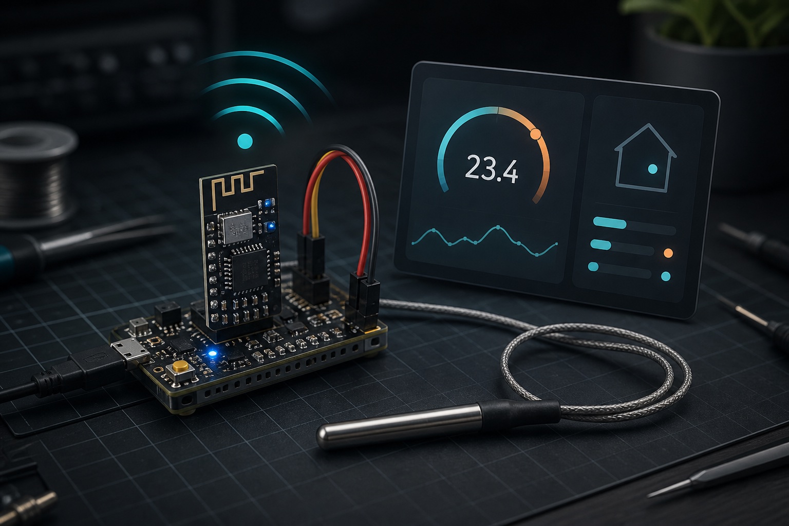An ESP-01 board and wired temperature probe send readings to a local browser dashboard.