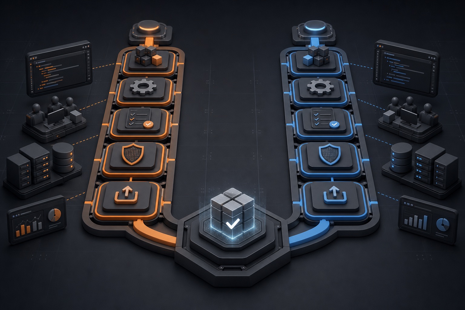 Two parallel orange and blue CI/CD pipelines converge on the same successful deployment.