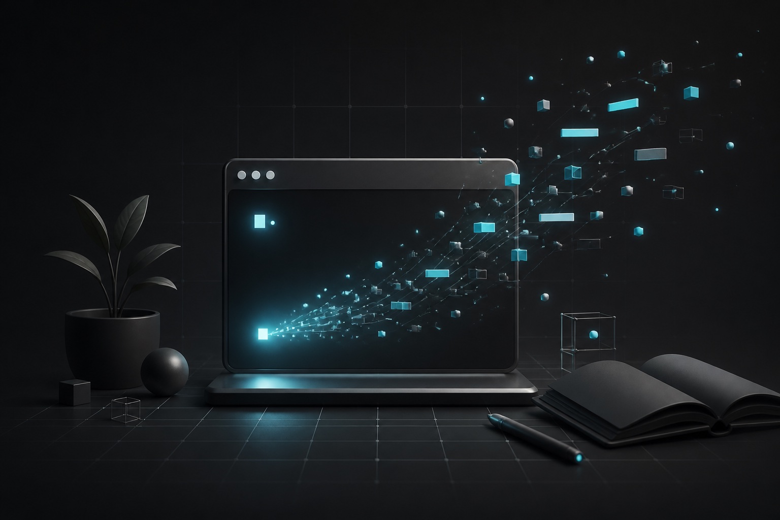 A glowing terminal releases geometric code fragments across a dark developer workspace.