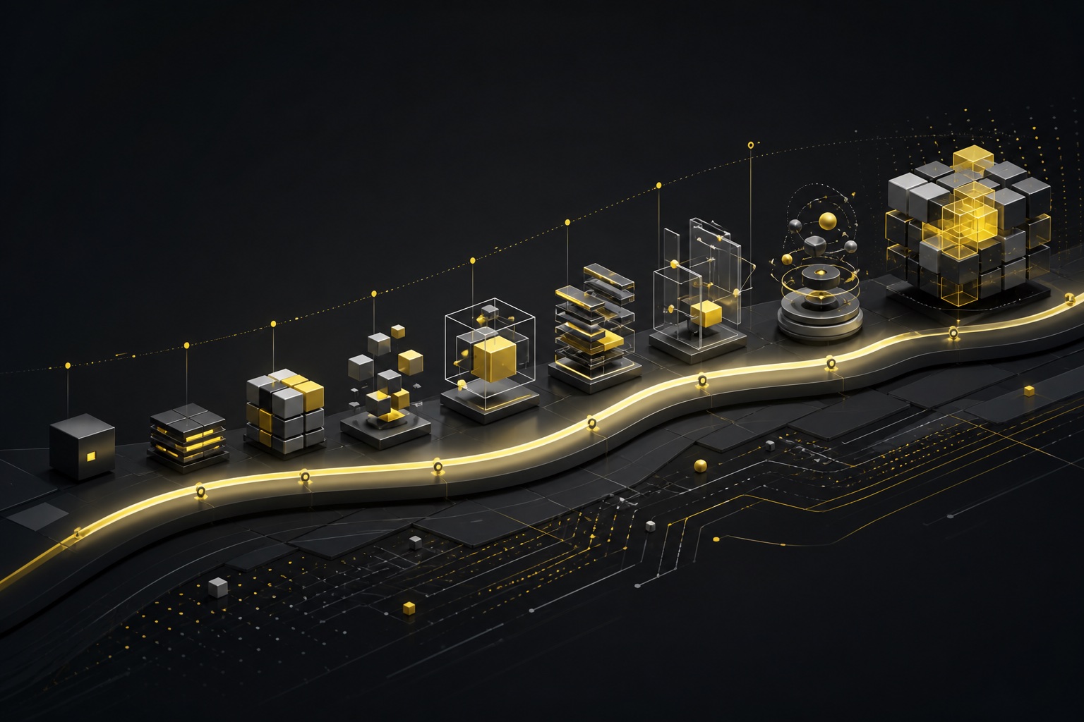 Modular JavaScript features evolve along an illuminated timeline in a dark technical landscape.