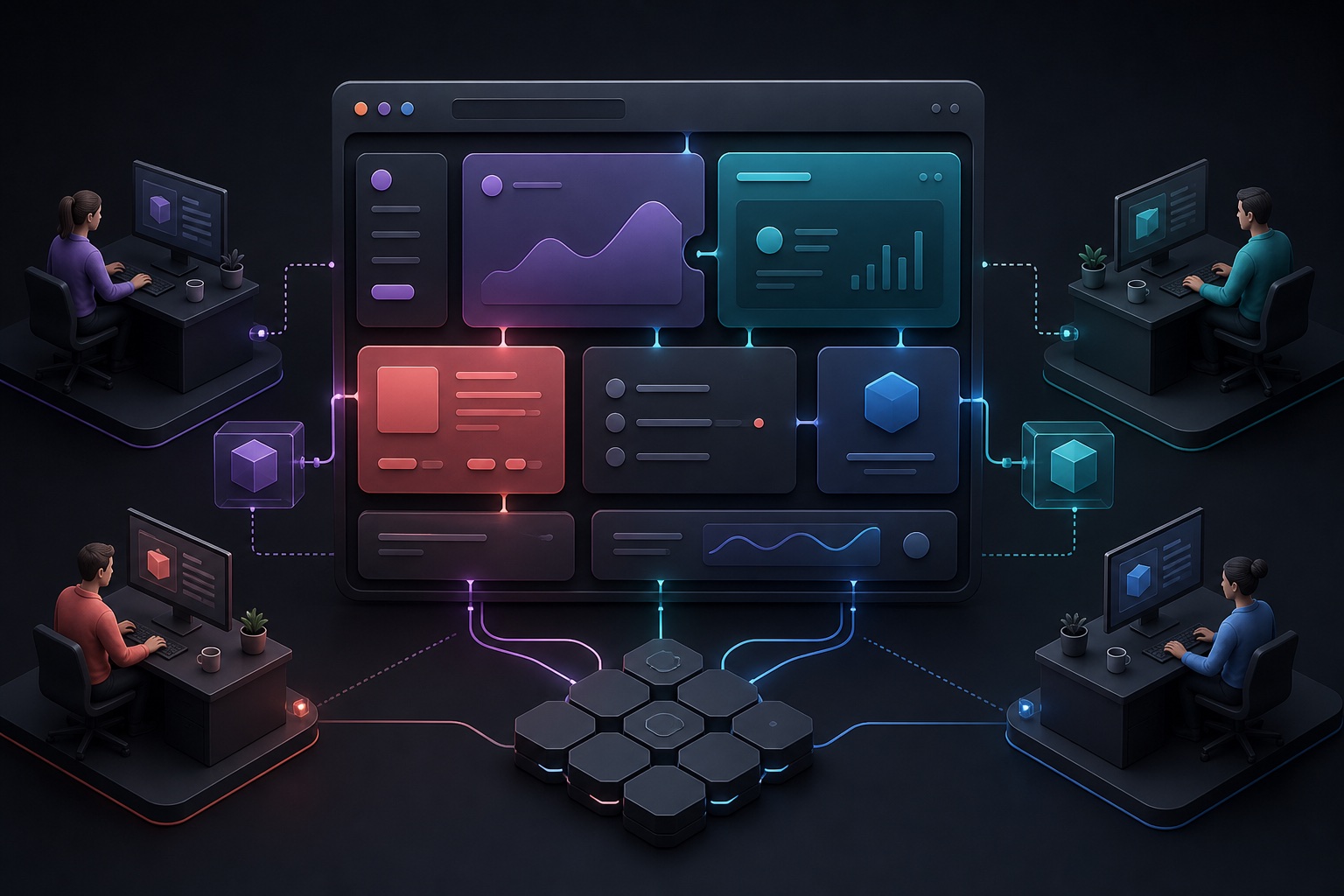 Independent development teams connect modular interface panels into one unified web application.