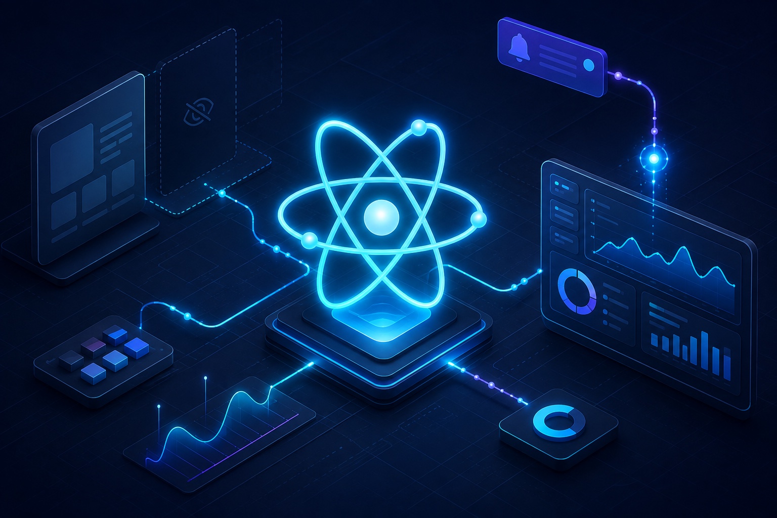A glowing React-inspired symbol connects hidden interface panels, notifications, and performance charts.