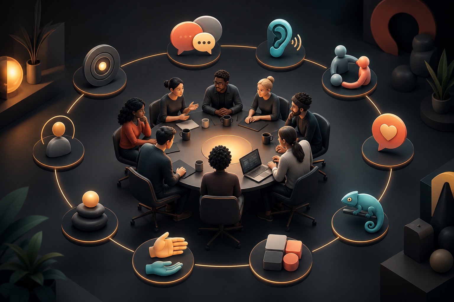 A diverse technology team collaborates around a table encircled by symbols of essential soft skills.