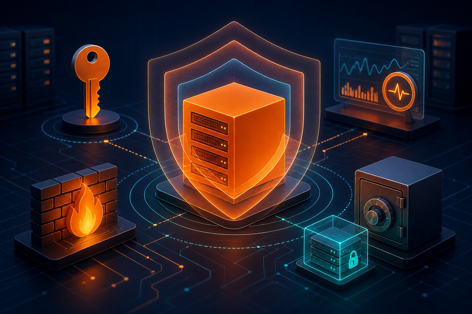 An orange server protected by layered shields, a firewall, monitoring, an access key, and an encrypted backup vault